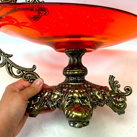 Mid Century orange glass centrepiece with cast metal Medusa faces base - Picture 3 of 15